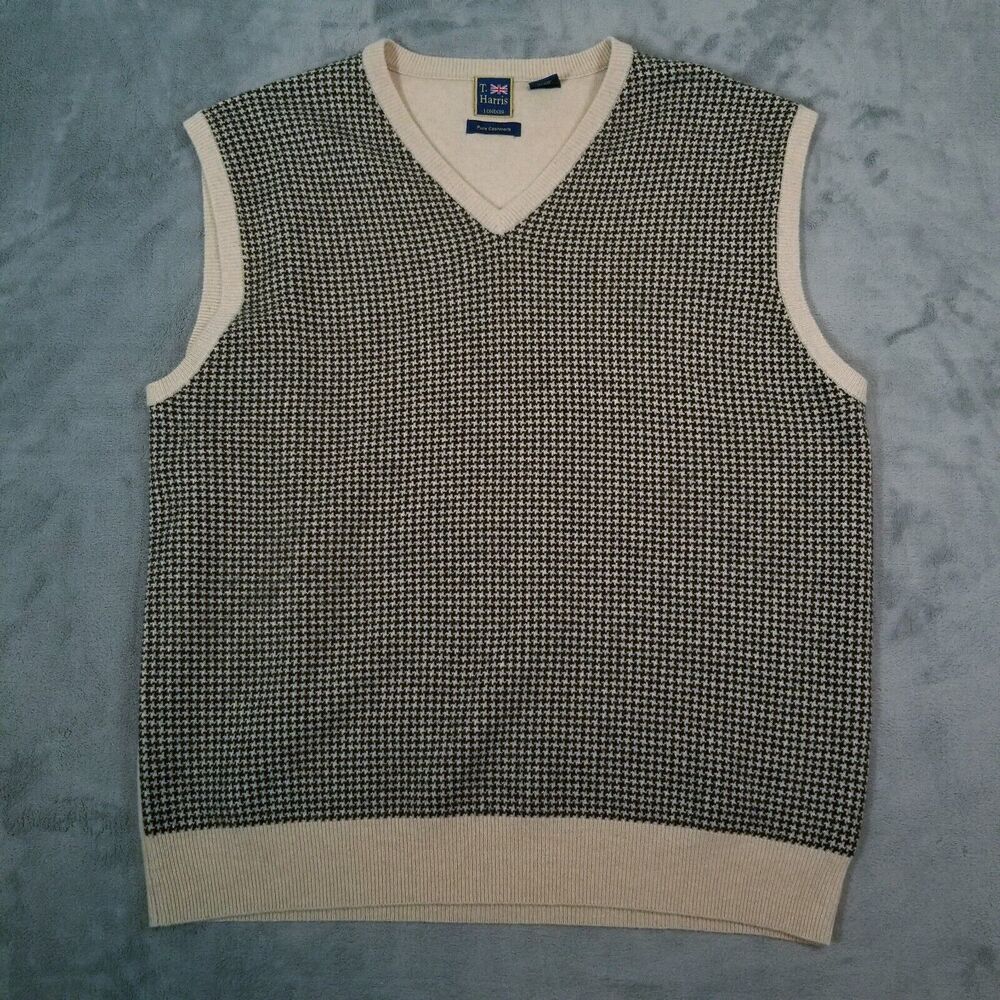 T Harris London Sweater Vest Mens XL Brown Cashmere Houndstooth V-Neck